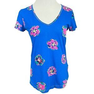 Lilly Pulitzer Blue and Pink Floral U Neck Lightweight Tee S